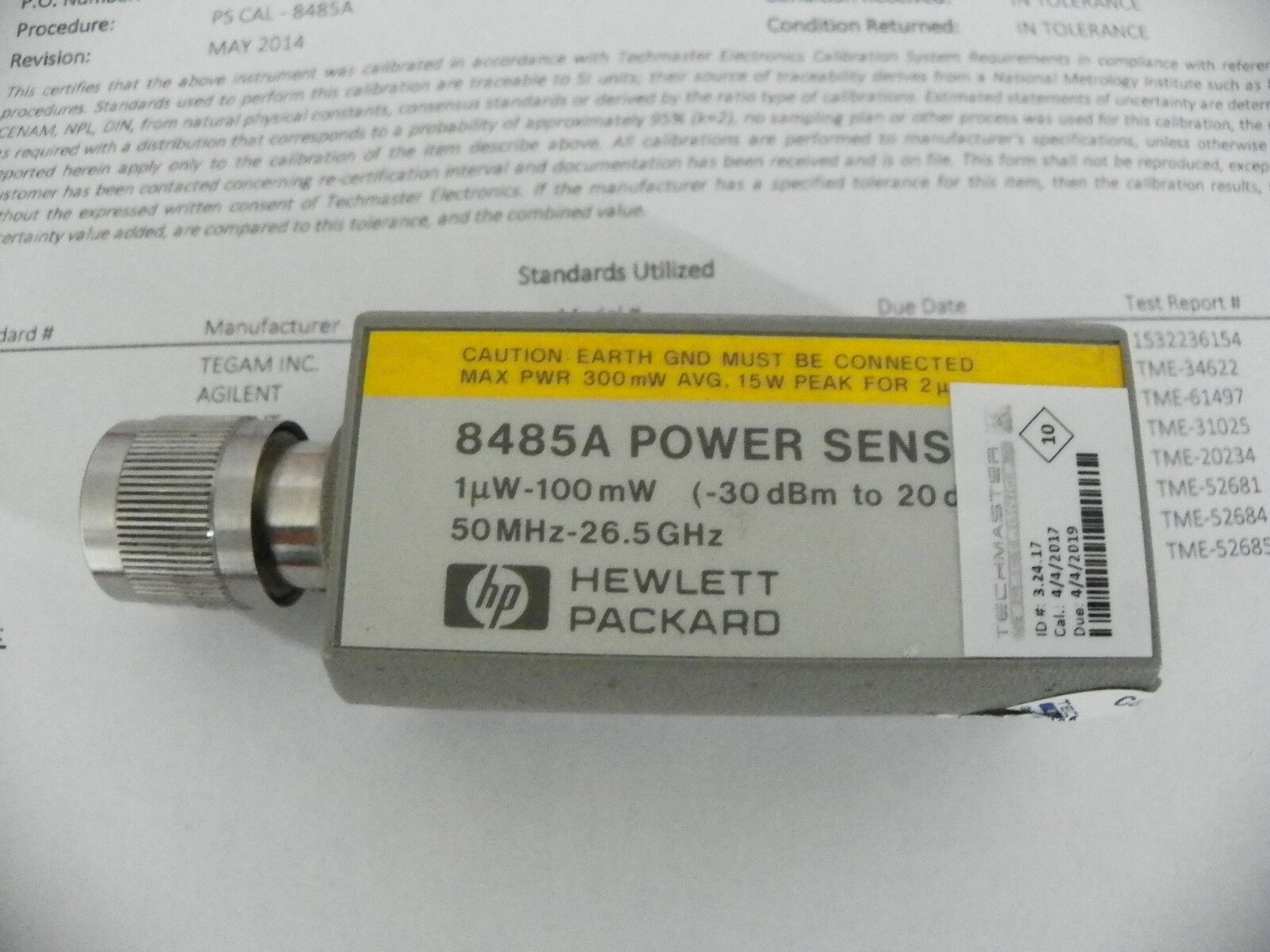 Agilent / HP 8485A 50MHz - 26.5GHz RF Pwr Sensor (-30 to 20 dBm) 2 YR NIST 04/17 Agilent / HP 8485A 50MHz - 26.5GHz RF Pwr Sensor (-30 to 20 dBm) 2 YR NIST 04/17